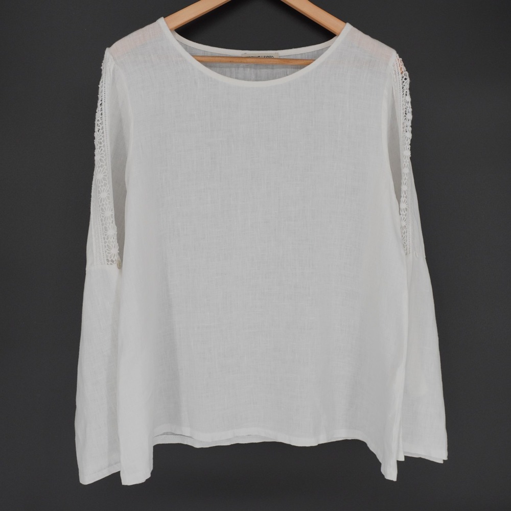 Terzo Millennio Made in Italy Linen Blouse Lace Sleeve Boho Top White Womens L - Picture 2 of 13